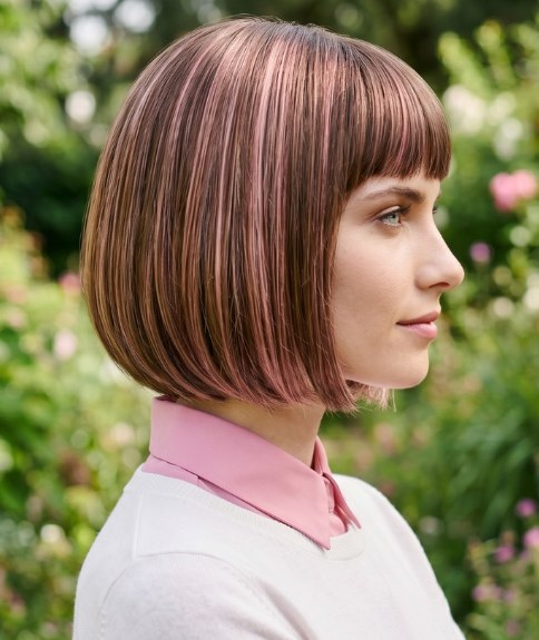 Brown hair with pink highlights, cut in a chin-length bob