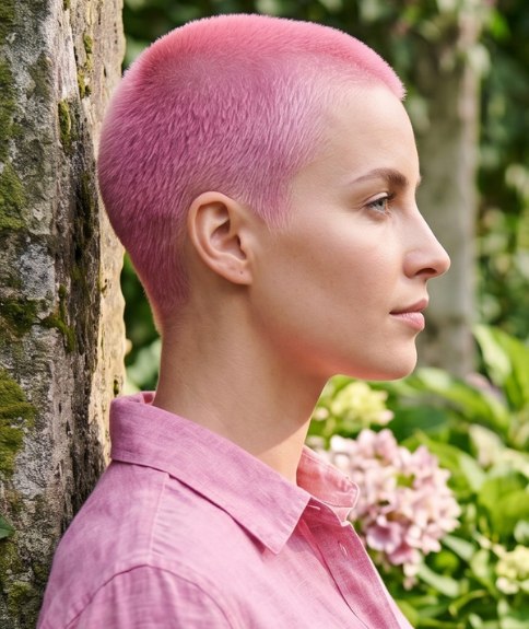 Feminine buzz cut with all-over pink hair
