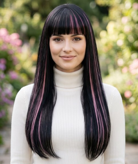Long, black hair with pink highlights