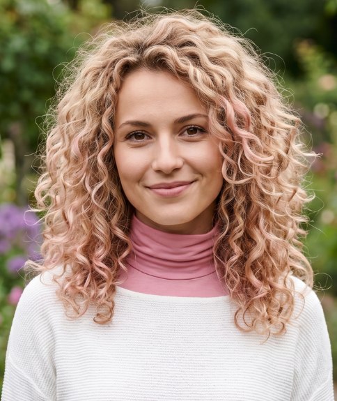Long hairstyle with peachy-pink curls