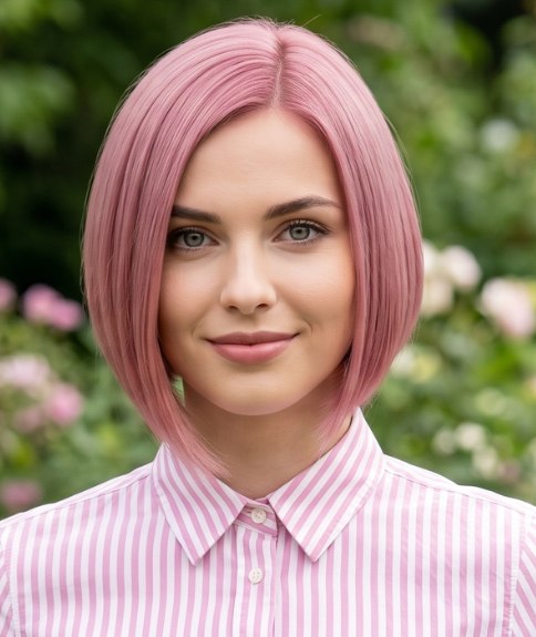 Pink hair in a short, angled bob