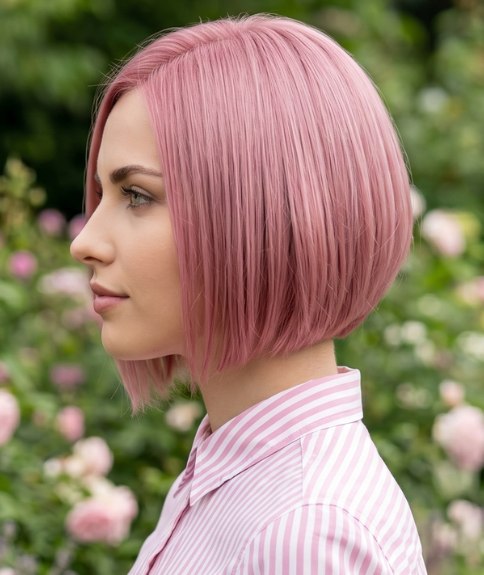 Short bob with an all-over pink hair color
