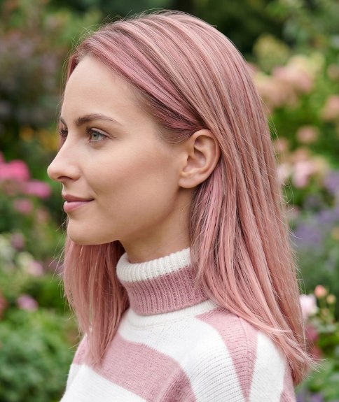 Long, straight hair with a pink tone