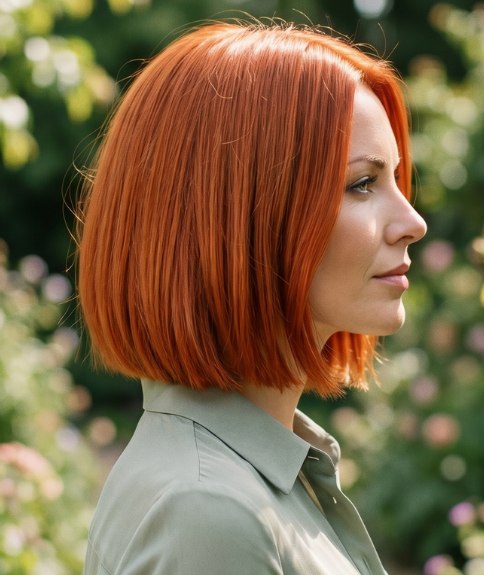 Copper hair, cut in a straight bob