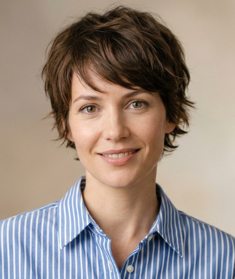 Woman wearing an oversized shirt and carefree short hair