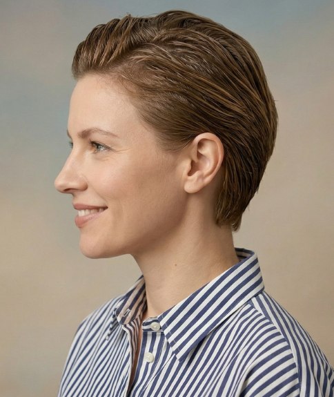 Short hair with wet-look styling for women