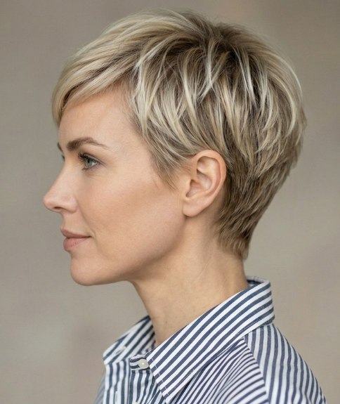 Blonde pixie cut with a long fringe