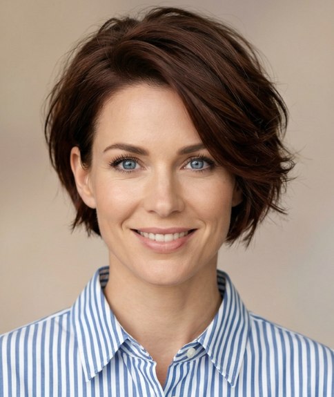 Stylish feminine look with short hair and an oversized shirt