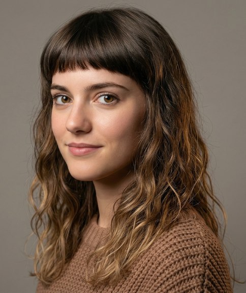 Long, wavy hair with short bangs