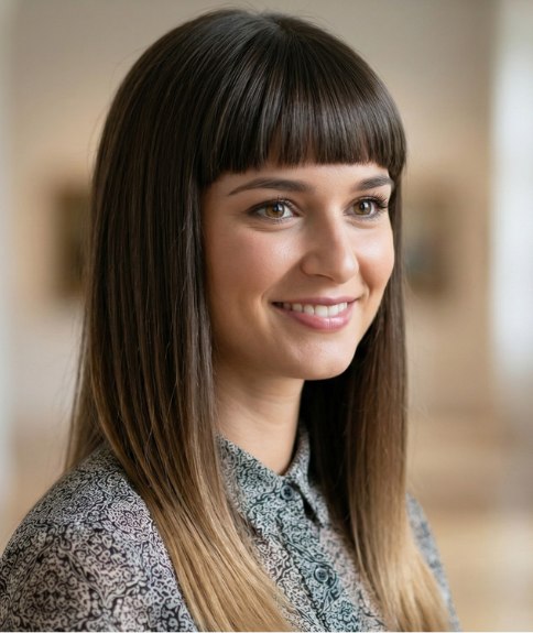 Long, smooth hair with short straight bangs