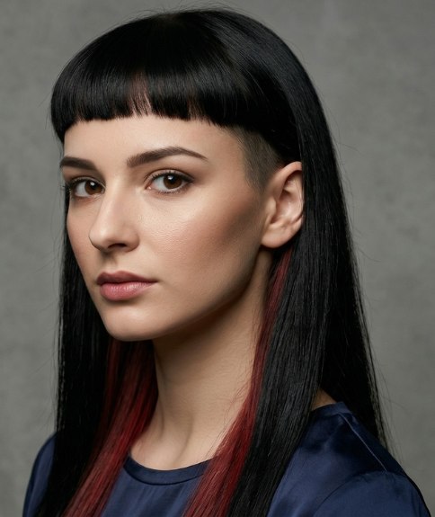 Long hair with shaved sides and a very short fringe