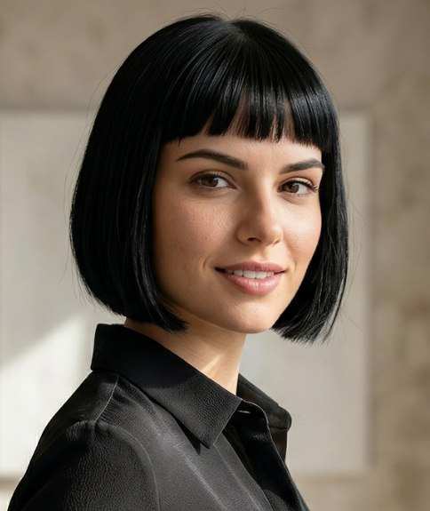 Smooth, jaw-length bob with short bangs