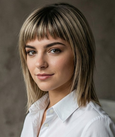 Long, layered hair with short bangs