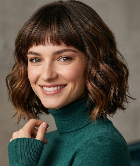 Wavy, between the chin and shoulders bob