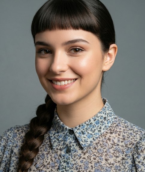 Hair with a braid and very short bangs