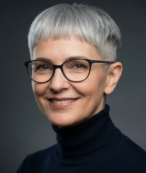 Very short, clipper-cut gray hair