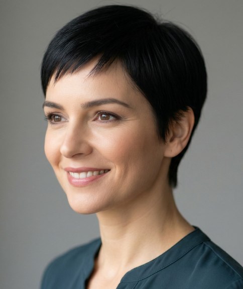 Classic short haircut with an angled fringe