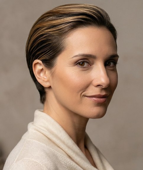 Short and sleek, back-swept hair for women