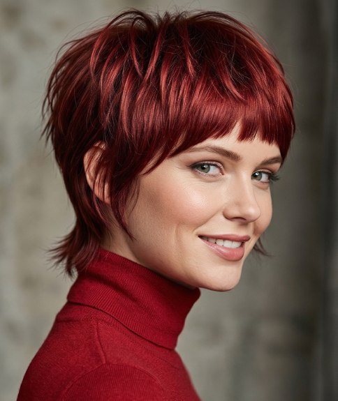 Dynamic red pixie cut with layers