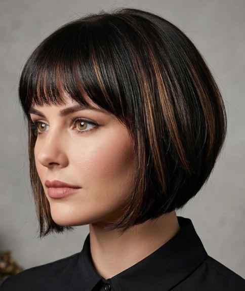 Glossy, dark bob with highlights