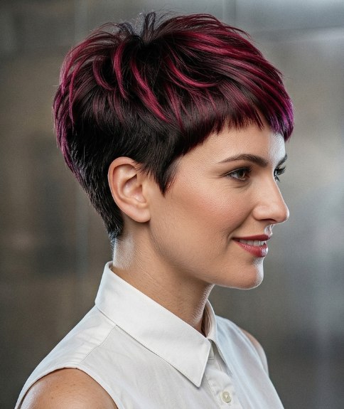 Purple pixie cut with shaved sections