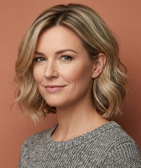 Wavy, between the chin and shoulders bob