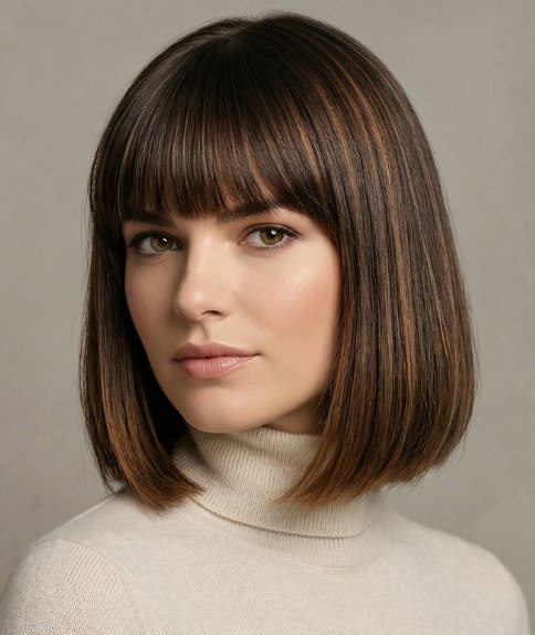 Blunt, above the shoulders bob with a fringe