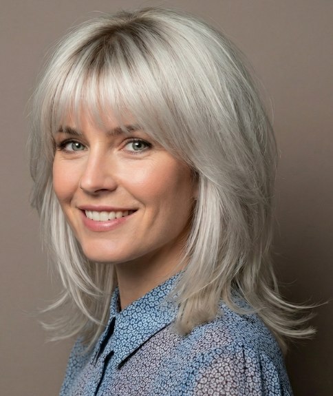 Shoulder-length hair with silver and white tones