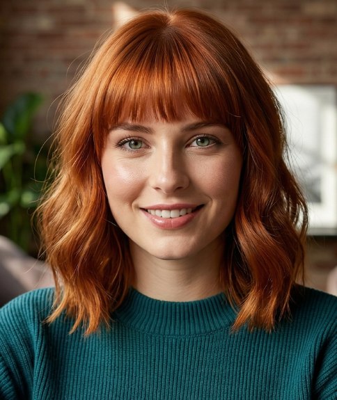 Shoulder-length wavy copper hair