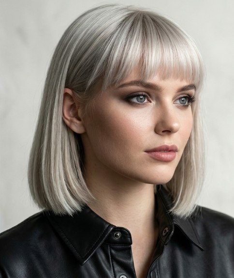 Platinum blonde shoulder-length bob