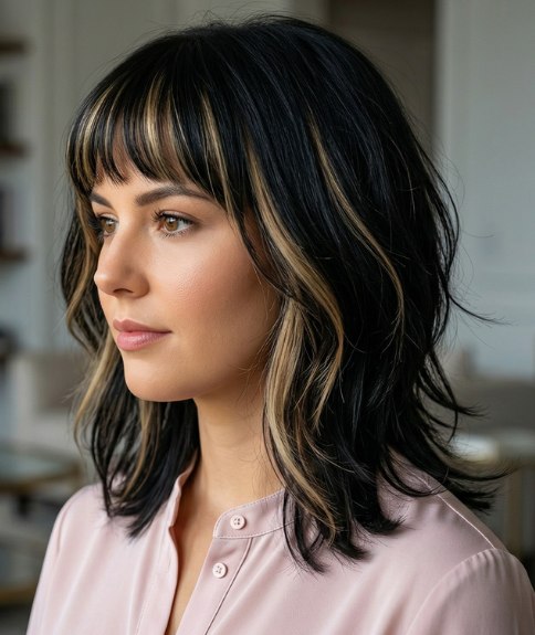 Dark shoulder-length hair with highlights