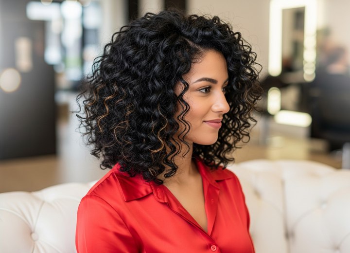 Curly shoulder-length hairstyle - Dark hair with highlights