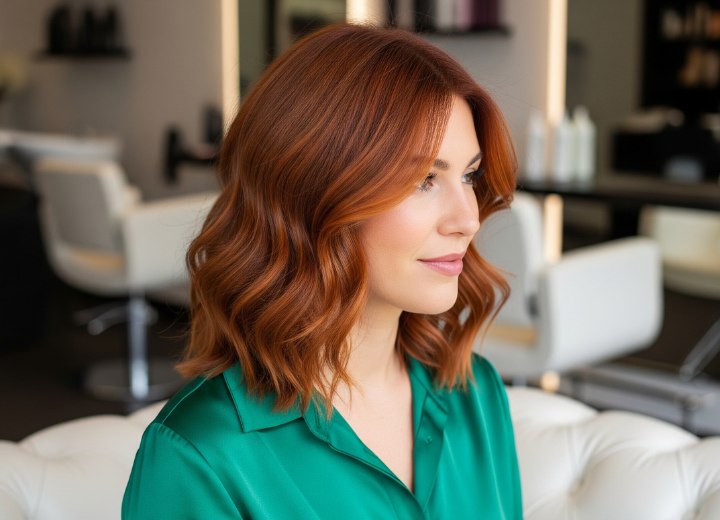 Shoulder-length auburn hair with waves and copper highlights