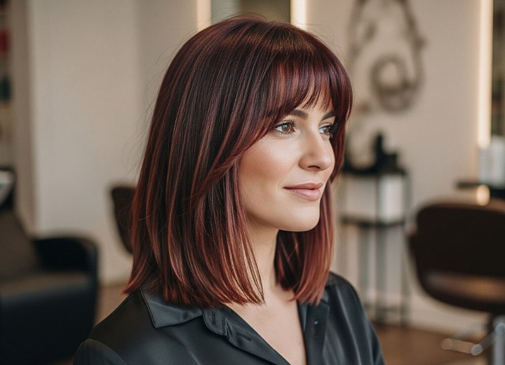 Sleek wine-colored shoulder-length hairstyle