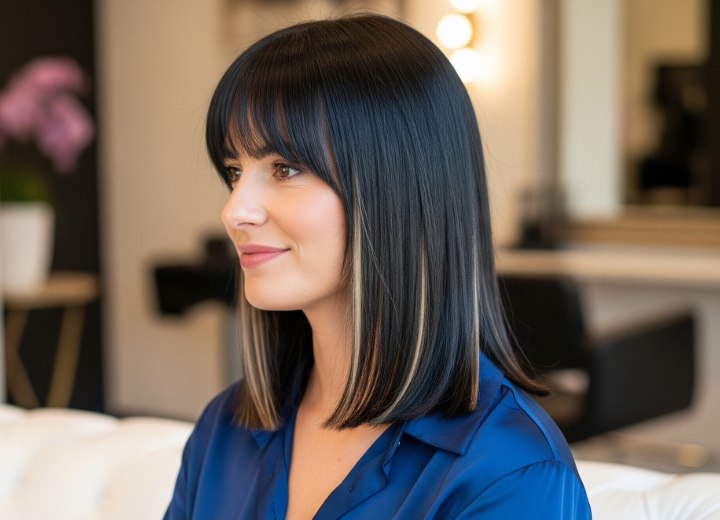 Straight dark brown shoulder-length hair with caramel highlights