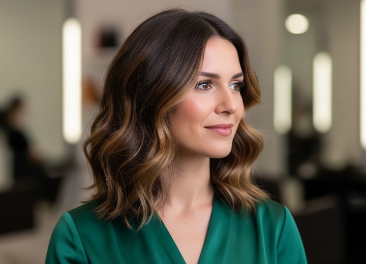 Shoulder-length brown haircut with waves and caramel highlights