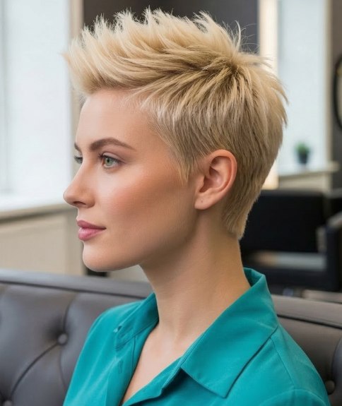 Blonde pixie cut with spiky styling