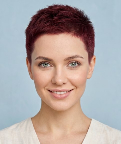 Burgundy red hair in a pixie cut for summer