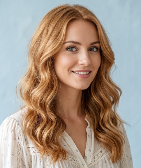 Summer hairstyle with long honey blonde waves