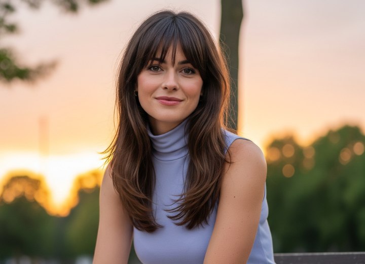 Long hair with layers and curtain bangs