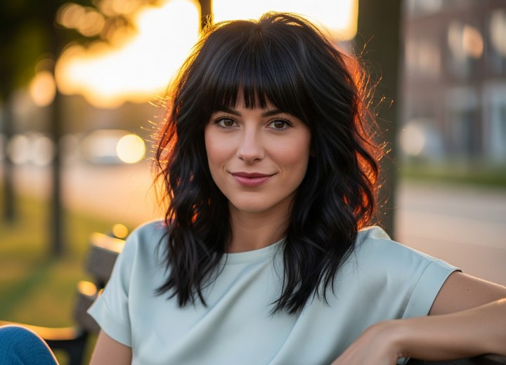 Long layered hairstyle with blunt bangs