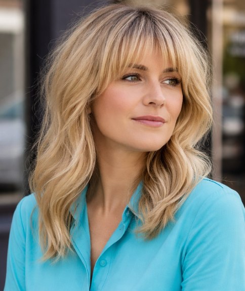 Long blonde hair with curtain bangs