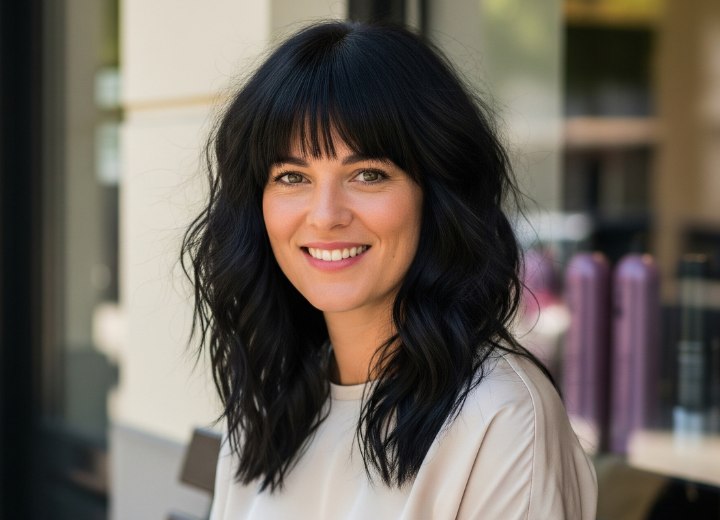 Long black shag cut with bangs