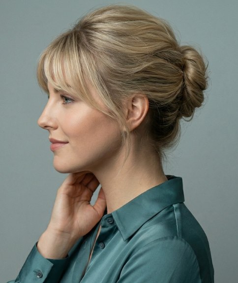 Blonde hair, styled in a French twist