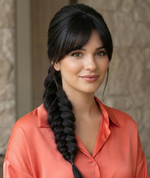 Hair with a long and thick side braid