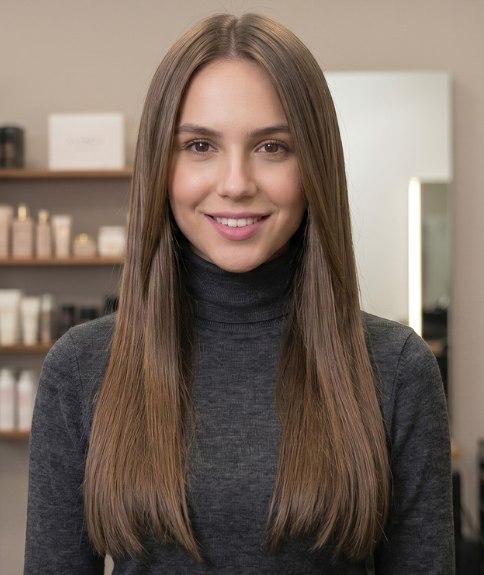 Very long and glossy, chocolate brown hair