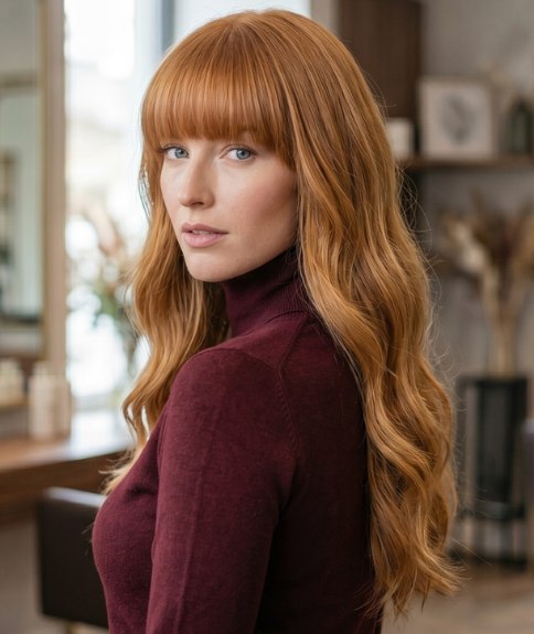Very long red hairstyle with a fringe