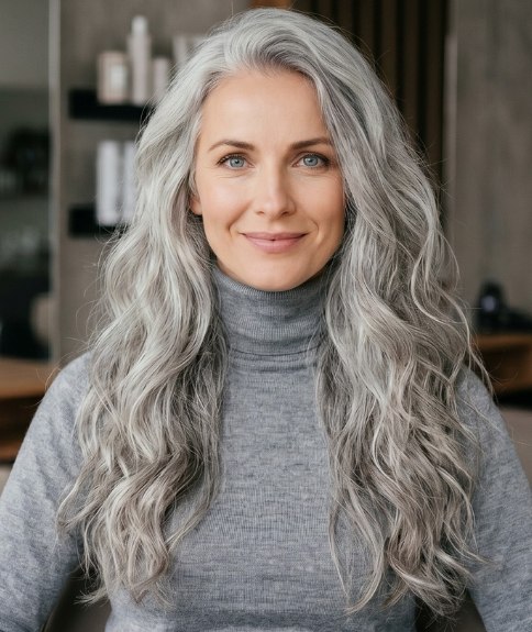 Woman with very long gray hair