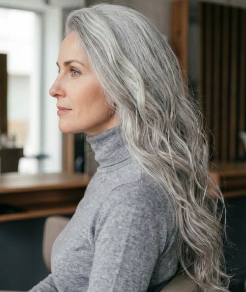 Woman with gray hair that falls below the chest
