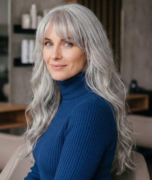 Very long hairstyle for gray hair